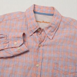 Tommy Bahama Shirt Mens Large Orange Purple Check Linen Long Sleeve Button Up
